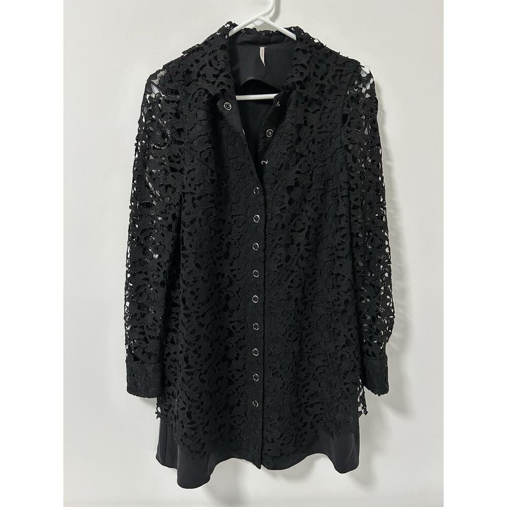 Free‎ People Lace Shirt Dress Black Goth Emo Witchy Size 2 Long Sleeve Button